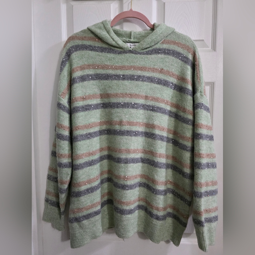 Nine West Green, Pink, And Purple Striped Hoodie Sweater With Sequins
